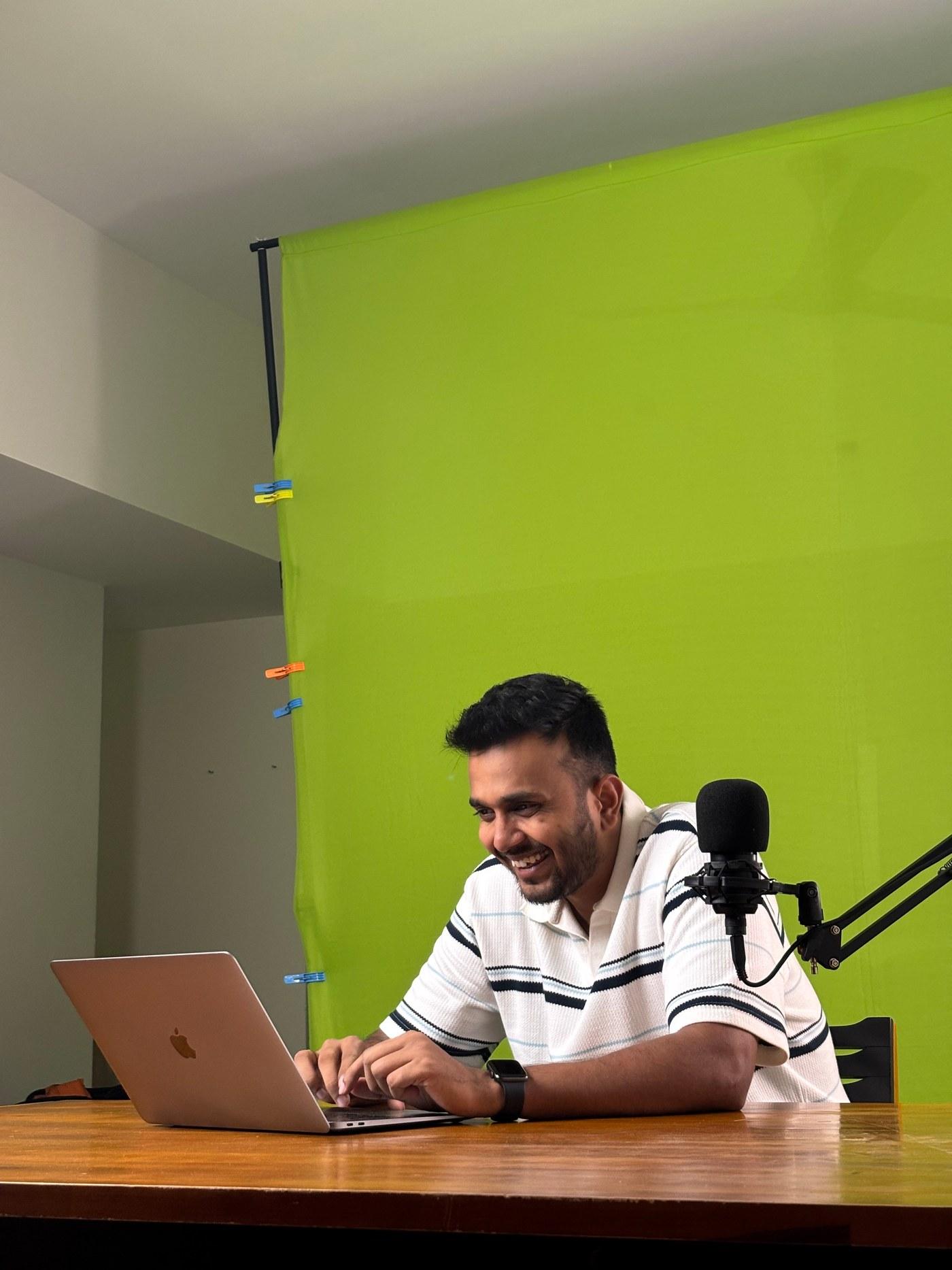 Raksham Shahu laughing during a recording session